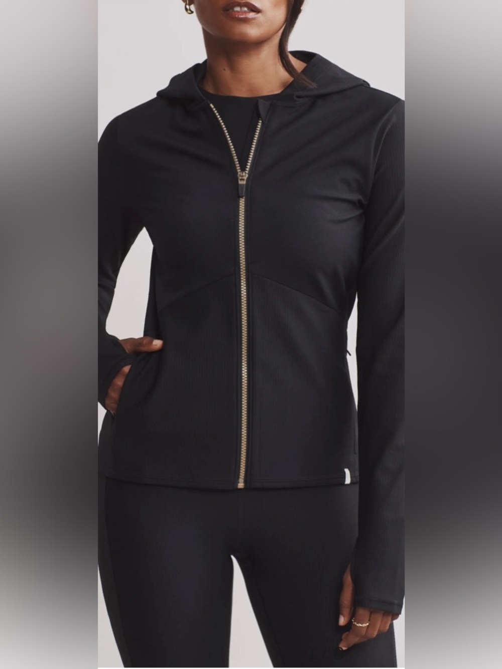 RHONE Black Hooded Zip-Front Jacket with Gold Zipper size M